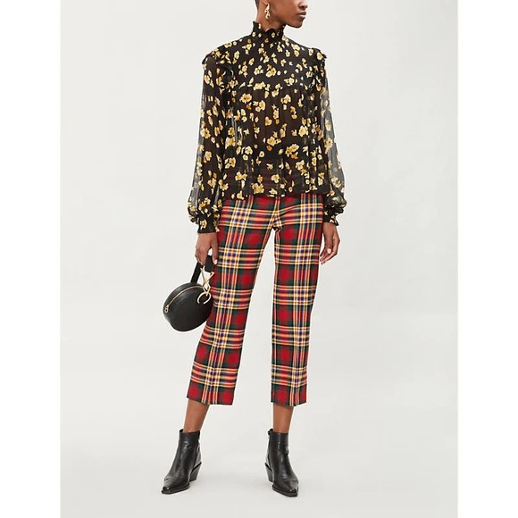 The Kooples Funnel Neck 100% Silk Sheer Smocked Floral Blouse Size Small - Picture 2 of 16